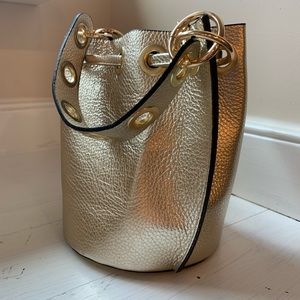 NWT Leather Bucket Bag with removable gold chain strap in Metallic Gold
